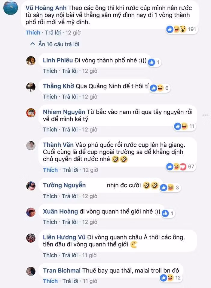 Người hâm mộ thậm chí còn tính toán trước lịch trình rước cup vô địch. Trước mắt Bùi Tiến Dũng và các đồng đội là hai trận đấu để có thể chạm đến ngôi vị cao nhất. Các chàng trai cần vượt qua U23 Quatar ở bán kết để tiếp tục nuôi hy vọng. Ảnh chụp màn hình.