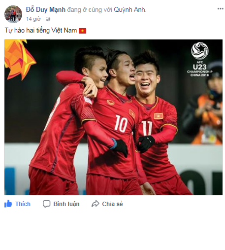 Trung vệ Đỗ Duy Mạnh bày tỏ niềm tự hào sau khi cùng U23 Việt Nam lập nên chiến tích lọt vào tới Bán kết VCK U23 Châu Á. Cầu thủ của Hà Nội FC chia sẻ dòng trạng thái ngắn gọn: "Tự hào hai tiếng Việt Nam".