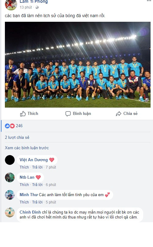 Chính vì những cảm xúc ấy, niềm tự hào ấy mà sau khi kết thúc trận chung kết, trên mạng xã hội và các trang thông tin... vô số bài viết, dòng trạng thái, bình luận chúc mừng, ngợi khen và động viên các cầu thủ U23 Việt Nam đã được chia sẻ.