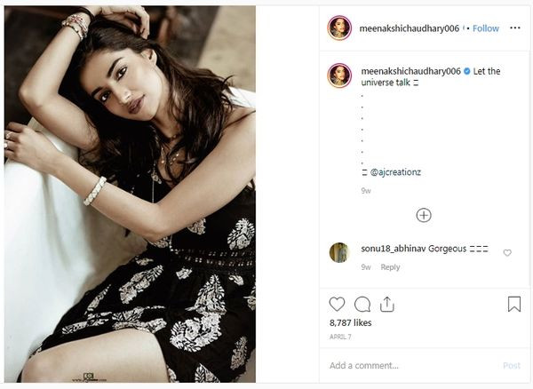 Meenakshi Chaudhary từng “thả thính” với fan bằng bức ảnh kèm chú thích “Let the Universe talk”…