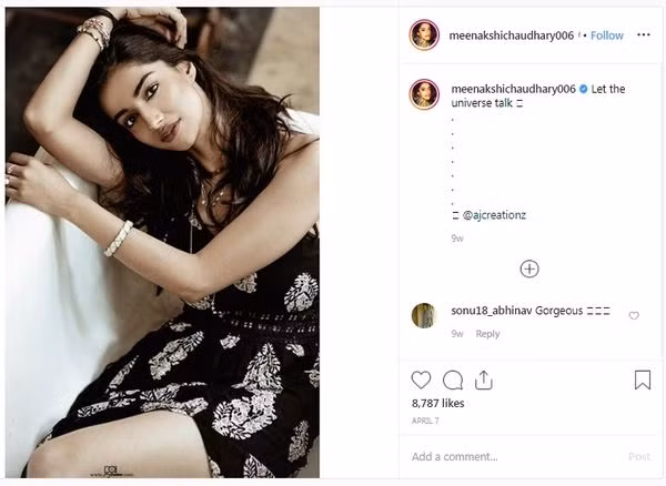Meenakshi Chaudhary từng “thả thính” với fan bằng bức ảnh kèm chú thích “Let the Universe talk”…
