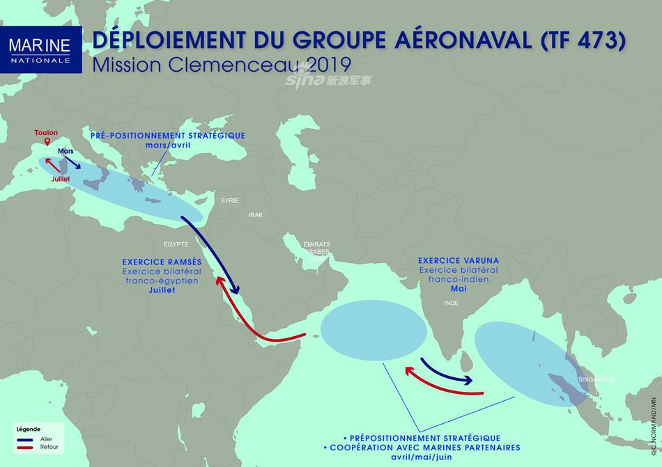 Bản đồ hải trình của nhóm tác chiến tàu sân bay hạt nhân Pháp với tàu Charles de Gaulle dẫn đầu với tuyến đường màu xanh là chiều đi và màu đỏ là chiều quay trở về. Nguồn ảnh: Sina.