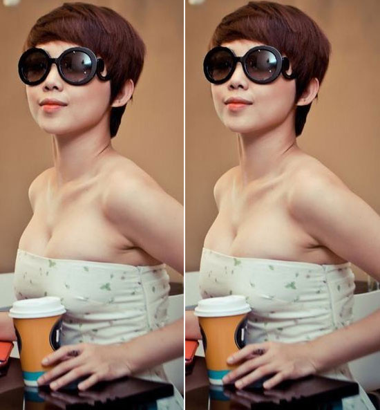 Tóc Tiên có vẻ như mặc một chiếc áo nhầm size khiến vòng 1 của cô gần như nghẹt thở. Ảnh: saobiz.