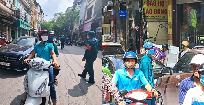 Các lực lượng chức năng sở tại phải phân chia nhau điều tiết giao thông trên tuyến đường Thụy Khuê.