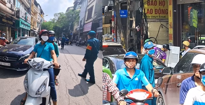 Các lực lượng chức năng sở tại phải phân chia nhau điều tiết giao thông trên tuyến đường Thụy Khuê.