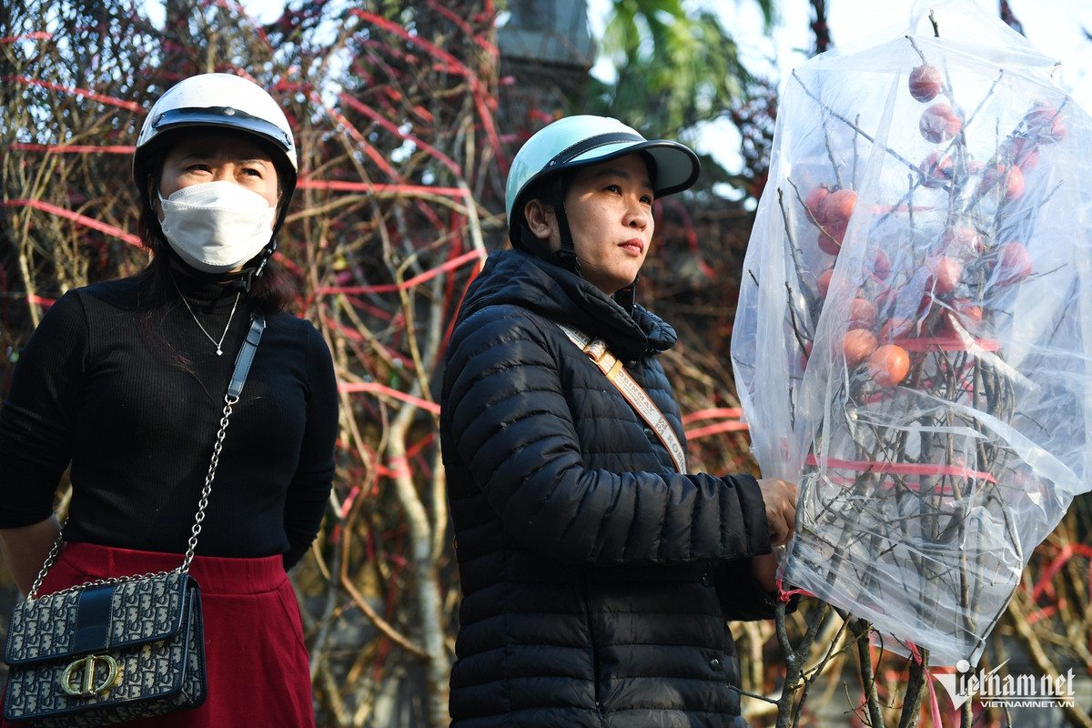 Khách nữ vào quầy của ông xem đào nhưng sau đó lại nhanh chóng mua về những cành hồng lớn chỉ với giá 400.000 đồng.