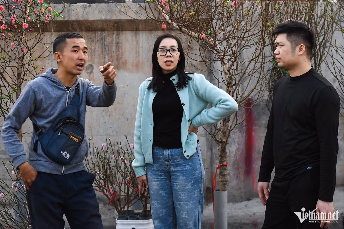 Nam tiểu thương đang ra sức thuyết phục khách hàng nhưng sau đó cũng không bán được cành đào nào. 