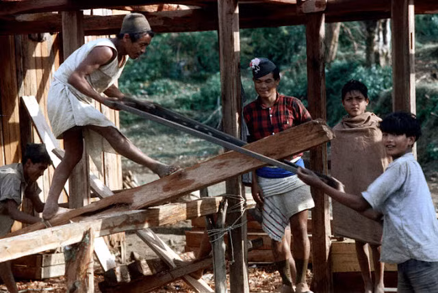 Hai bé trai cùng hai người lớn làm việc. Ảnh VT