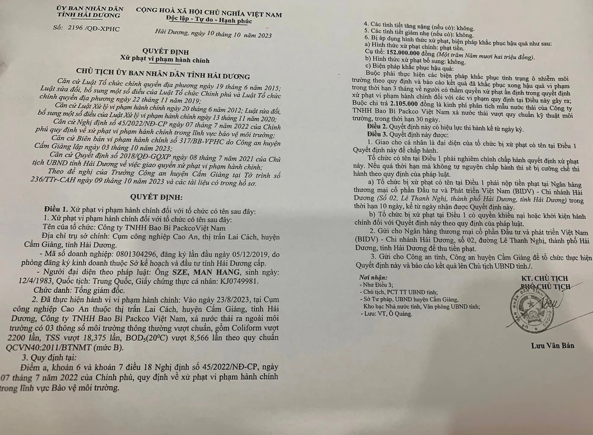 Biet gi ve Bao Bi Packco gay o nhiem bi xu phat hon 150 trieu dong?