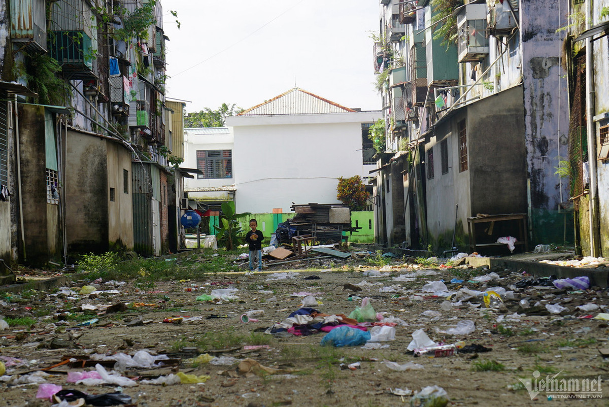 Trẻ em vui chơi giữa khu đất hai tòa chung cư đầy rác, chuột bò và mùi hôi thối.