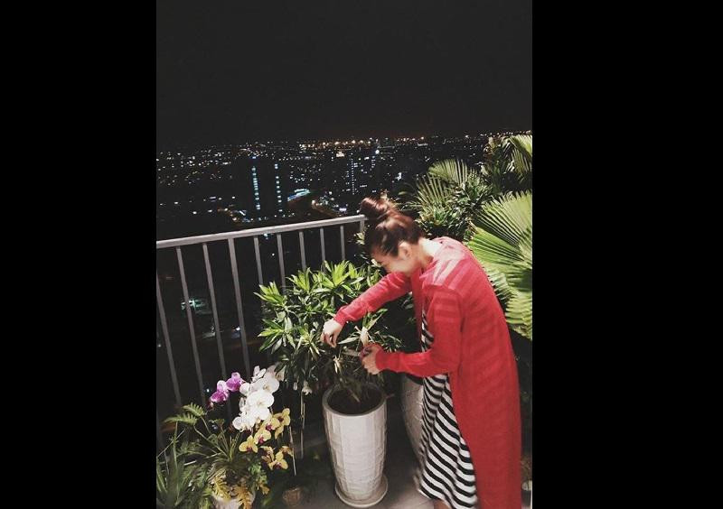 Phía ngoài ban công nhà Thanh Hằng, cô trồng hoa, cây cảnh, xa xa có thể phóng tầm mắt nhìn thành phố rực rỡ về đêm.