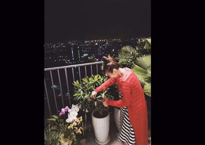 Phía ngoài ban công nhà Thanh Hằng, cô trồng hoa, cây cảnh, xa xa có thể phóng tầm mắt nhìn thành phố rực rỡ về đêm.