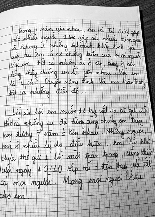 Trước khi hôn lễ diễn ra, Diệu Nhi viết thư tay xin lỗi một số người quen vì không thể mời họ đến dự hôn lễ. Ảnh: FBNV