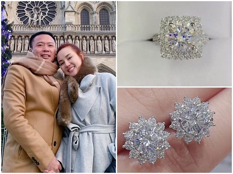 Ngày 20/10, Vy Oanh được ông xã Lê Thiện tặng bông tai, nhẫn kim cương.