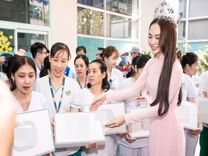 Mai Phương diện áo dài gam hồng, đội vương miện.