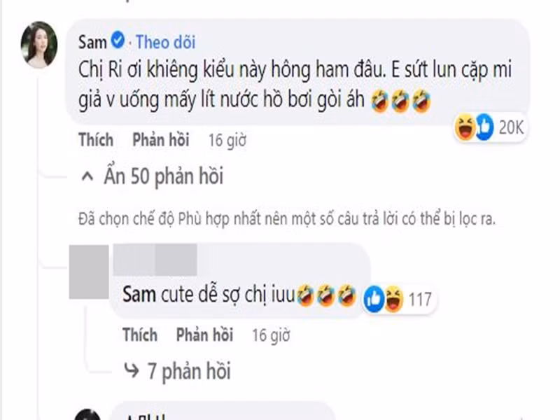 Dưới bài đăng của Trấn Thành, Sam để lại bình luận gửi đến Hari Won: "Chị Ri ơi, khiêng kiểu này không ham đâu. Em rơi luôn cặp mi giả và uống mấy lít nước hồ bơi rồi". Ảnh chụp màn hình