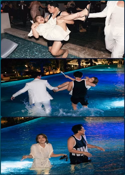 Trấn Thành đã công khai xin lỗi Sam sau khi bế cô xuống hồ bơi. "Chiến thần hồ bơi! Cái nghiệp khiêng vác! Anh xin lỗi Sam nhưng không ai được phép khô khi anh đã ướt!", nam danh hài viết. Ảnh: FBNV