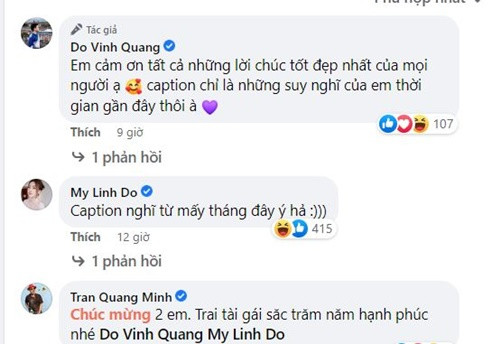 Dưới bài đăng của Vinh Quang, Hoa hậu Đỗ Mỹ Linh để lại bình luận trêu đùa chồng sắp cưới: "Caption nghĩ từ mấy tháng đây ý hả". Ảnh chụp màn hình