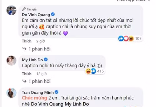 Dưới bài đăng của Vinh Quang, Hoa hậu Đỗ Mỹ Linh để lại bình luận trêu đùa chồng sắp cưới: "Caption nghĩ từ mấy tháng đây ý hả". Ảnh chụp màn hình