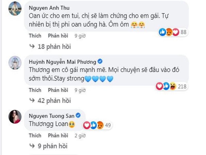 Siêu mẫu Anh Thư, Hoa hậu Mai Phương, Á hậu Tường San cũng động viên Kiều Loan vượt qua ồn ào. Ảnh chụp màn hình