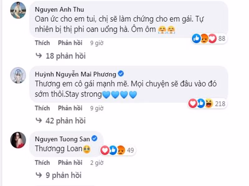 Siêu mẫu Anh Thư, Hoa hậu Mai Phương, Á hậu Tường San cũng động viên Kiều Loan vượt qua ồn ào. Ảnh chụp màn hình