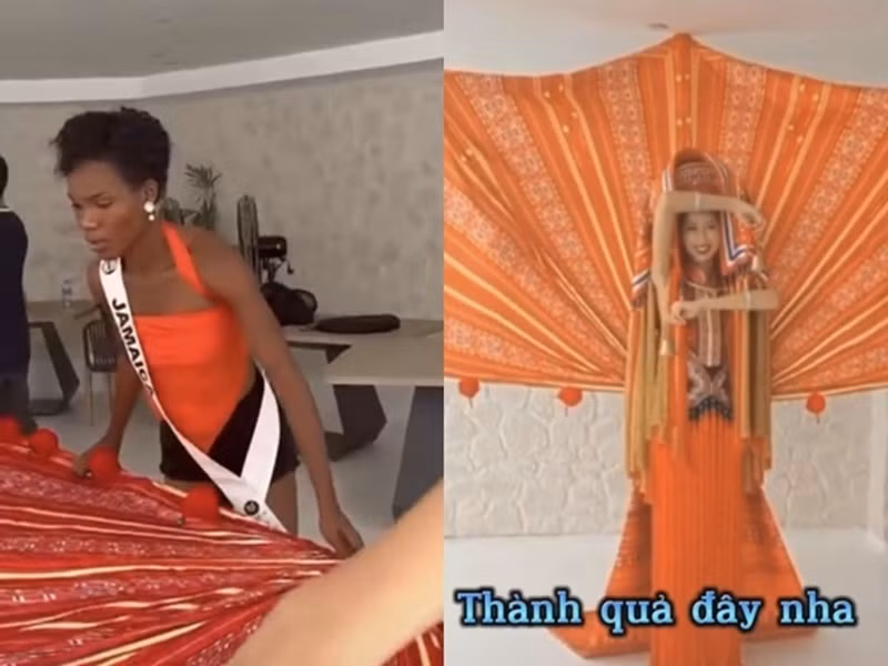 Đại diện Jamaica từng hỗ trợ Bảo Ngọc mặc trang phục dân tộc. Ảnh: Yan