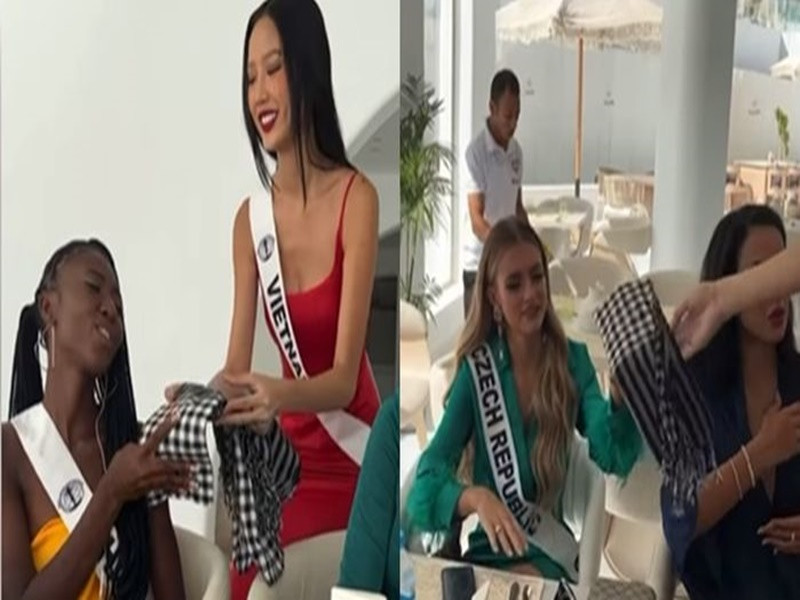 Trước đó, Bảo Ngọc dành tặng cho các thí sinh khác của cuộc thi Miss Intercontinental 2022 - Hoa hậu Liên lục địa 2022 những chiếc khăn rằn. Ảnh: Bestie