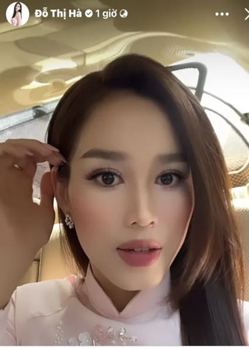 Hoa hậu Đỗ Thị Hà diện áo dài hồng pastel. Ảnh: Saostar