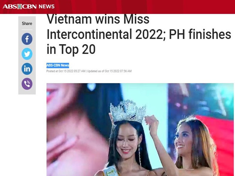 Tờ ABS-CBN News của Philippines cũng đăng tải bài viết Bảo Ngọc đăng quang. Ảnh chụp màn hình