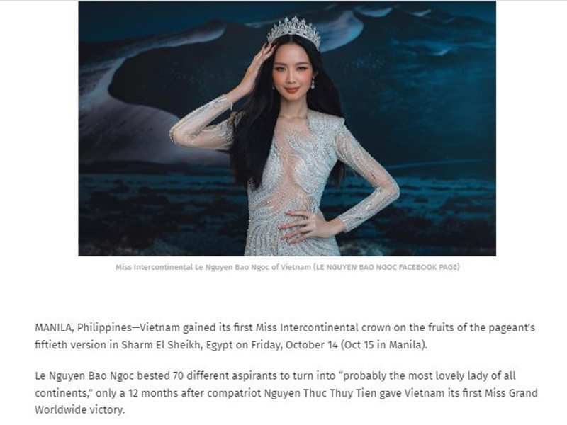 Asia Today viết, tân Hoa hậu Liên lục địa Bảo Ngọc đánh bại 70 thí sinh để đăng quang chỉ sau 1 năm Nguyễn Thúc Thùy Tiên giành chiến thắng ở cuộc thi Miss Grand International 2021 - Hoa hậu Hòa bình Quốc tế 2021. Trước đó, Phương Khánh đăng quang Miss Earth 2018 - Hoa hậu Trái đất 2018. Ảnh chụp màn hình
