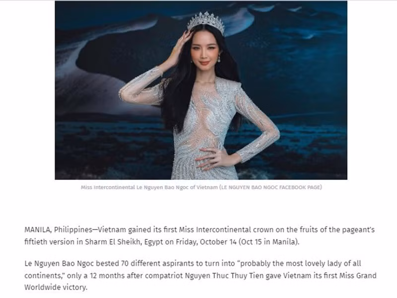 Asia Today viết, tân Hoa hậu Liên lục địa Bảo Ngọc đánh bại 70 thí sinh để đăng quang chỉ sau 1 năm Nguyễn Thúc Thùy Tiên giành chiến thắng ở cuộc thi Miss Grand International 2021 - Hoa hậu Hòa bình Quốc tế 2021. Trước đó, Phương Khánh đăng quang Miss Earth 2018 - Hoa hậu Trái đất 2018. Ảnh chụp màn hình