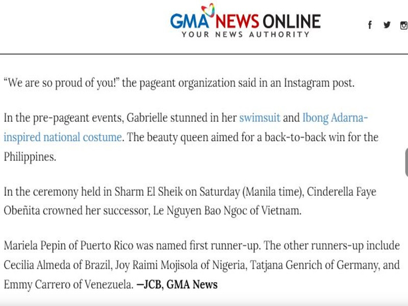 Tờ GMA News của Philippines đưa tin đại diện Philippines dừng chân ở top 20, Bảo Ngọc - đại diện Việt Nam giành vương miện. Ảnh chụp màn hình