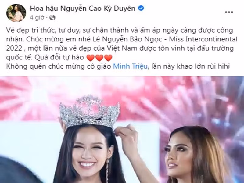 Hoa hậu Kỳ Duyên chúc mừng Bảo Ngọc lẫn Minh Triệu - huấn luyện viên của Bảo Ngọc. Ảnh chụp màn hình
