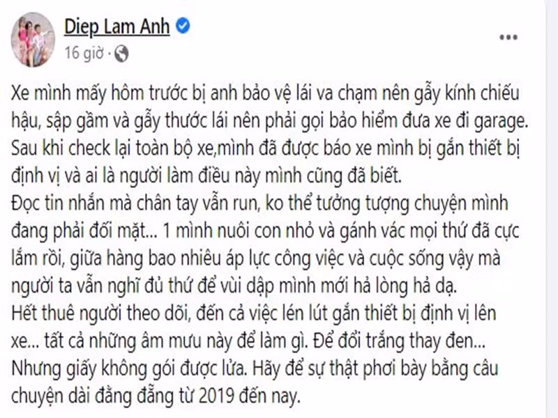"Đọc tin nhắn mà chân tay vẫn run, không thể tưởng tượng chuyện mình đang phải đối mặt. 1 mình nuôi con nhỏ và gánh vác mọi thứ đã cực lắm rồi, giữa hàng bao nhiêu áp lực công việc và cuộc sống vậy mà người ta vẫn nghĩ đủ thứ để vùi dập mình mới hả lòng hả dạ. Hết thuê người theo dõi, đến cả việc lén lút gắn thiết bị định vị lên xe. Tất cả những âm mưu này để làm gì. Để đổi trắng thay đen. Nhưng giấy không gói được lửa. Hãy để sự thật phơi bày bằng câu chuyện dài đằng đẵng từ 2019 đến nay", Diệp Lâm Anh bày tỏ. Ảnh chụp màn hình