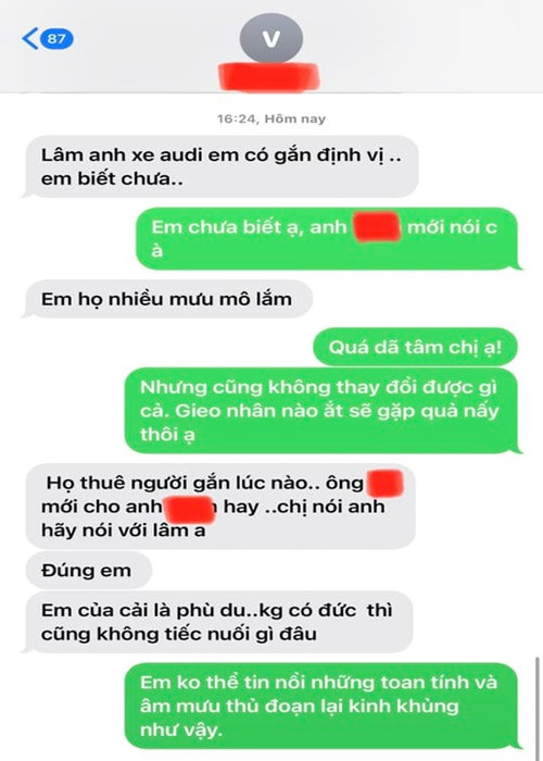 Nữ người mẫu công khai tin nhắn được thông báo xe hơi bị gắn thiết bị định vị. Ảnh: FBNV