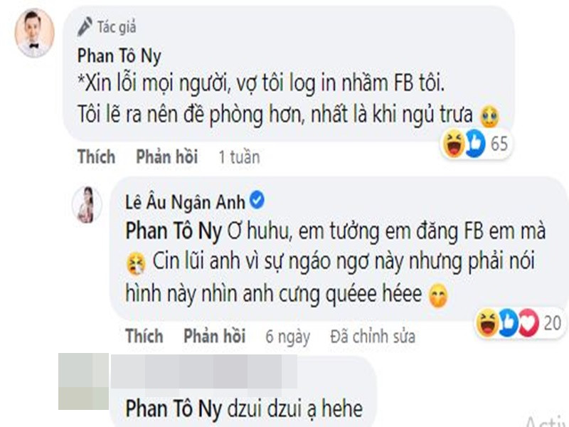 Dưới phần bình luận, Ngân Anh trò chuyện với Tô Ny: "Em tưởng em đăng Facebook em không đó. Xin lỗi anh vì sự ngáo ngơ này, nhưng phải nói hình này cưng quá".