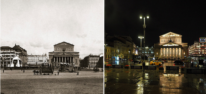 Quảng trường Nhà hát hay Quảng trường Teatralnaya ở trung tâm Moscow năm 1869 (trái). Bức ảnh bên phải chụp quang cảnh ở Quảng trường Teatralnaya năm 2020.