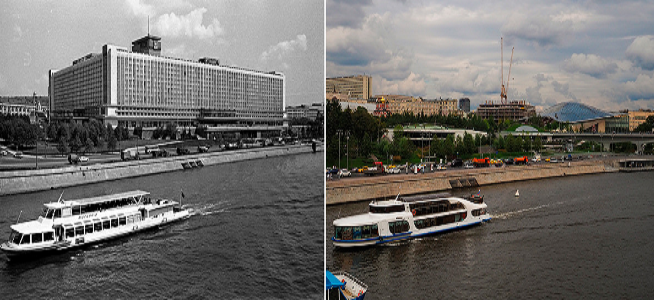 Quang cảnh sông Moskva và Khách sạn Rossiya những năm 1970 (ảnh trái). Được biết, khách sạn này được xây dựng vào những năm 1960 và bị phá dỡ năm 2006. Công viên Zaryadye sau đó được xây dựng tại khu vực khách sạn Rossiya bị phá bỏ.
