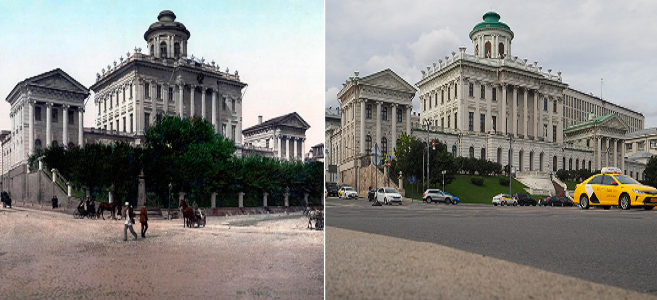 Nhà Pashkov những năm 1890 (ảnh trái) và năm 2020 (phải). Tòa nhà này hiện là một địa điểm thu hút khách du lịch ở Moscow, Nga.