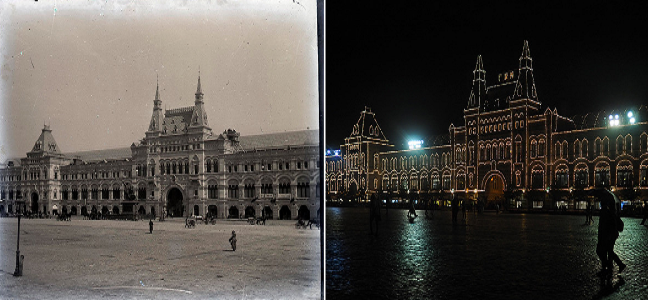 Cửa hàng bách hóa GUM những năm 1890 (ảnh trái) và hiện tại (phải). Đây là trung tâm thương mại nổi tiếng ở nước Nga.