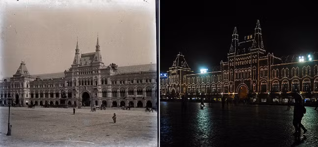 Cửa hàng bách hóa GUM những năm 1890 (ảnh trái) và hiện tại (phải). Đây là trung tâm thương mại nổi tiếng ở nước Nga.