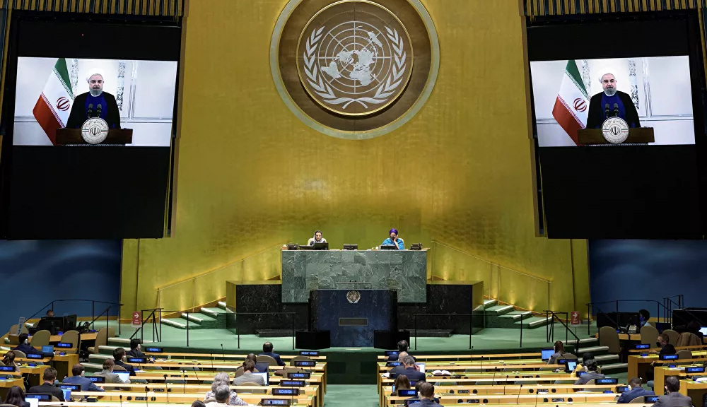 Tổng thống Iran Hassan Rouhani phát biểu qua video.