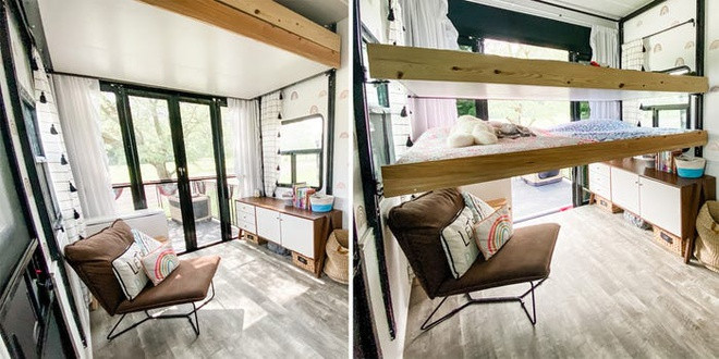 Cuối xe là phòng riêng của các con. Phòng có một giường tầng có thể đẩy lên, giúp các bé có chỗ chơi và học vào ban ngày. 5 người con đều học tại nhà, vì vậy cần nhiều không gian hơn.