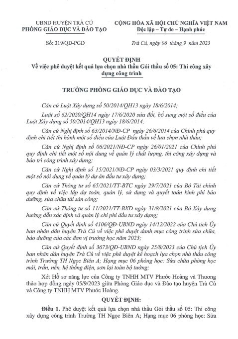 Phuoc Hoang 1 ngay trung 2 goi thau cua Phong GD&DT huyen Tra Cu