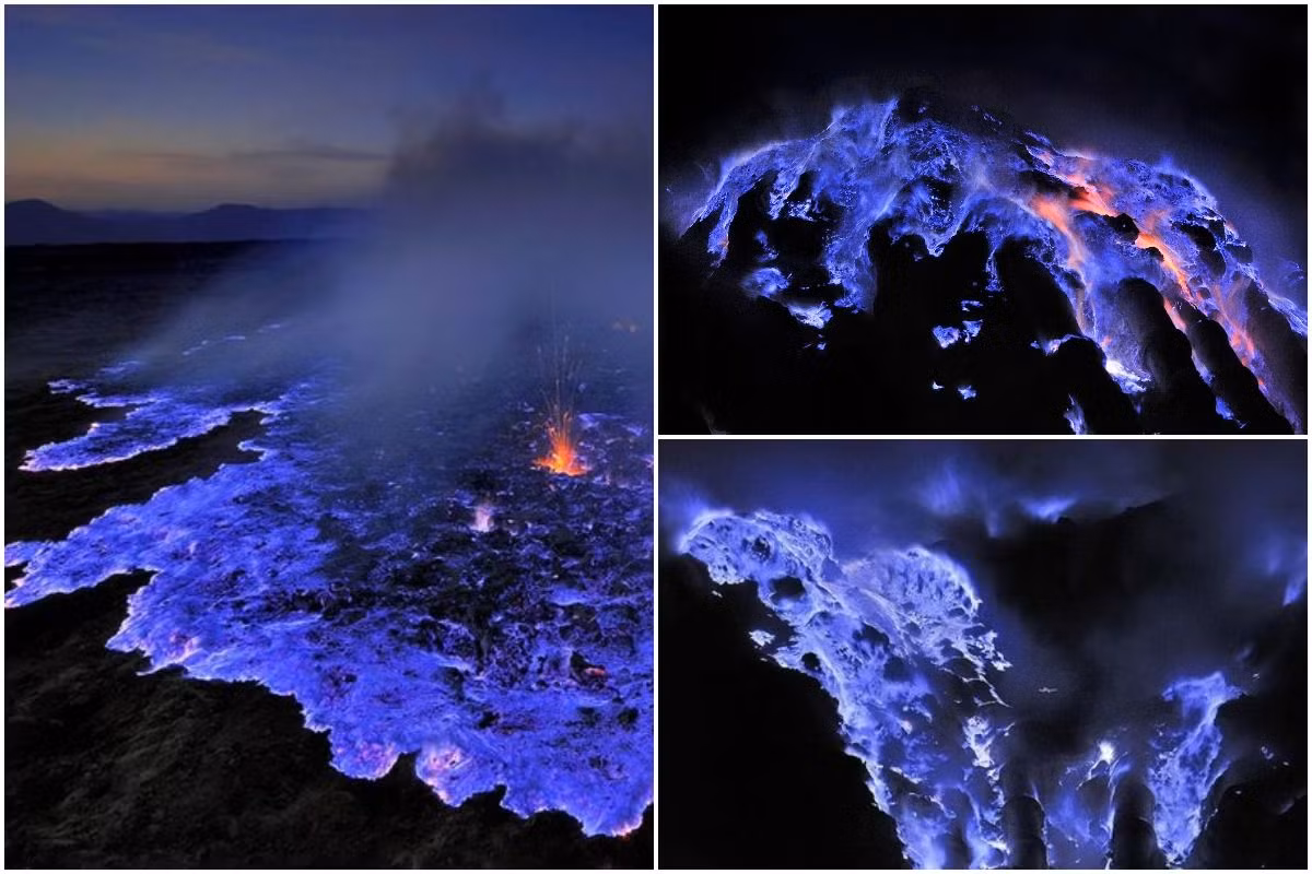 Trong nhiều năm, nhiếp ảnh gia Olivier Grunewald đến từ Paris đã chụp được những bức ảnh ngọn lửa màu xanh điện đầy mê hoặc của núi lửa Kawah Ijen vào ban đêm. Ảnh: @Twitter.