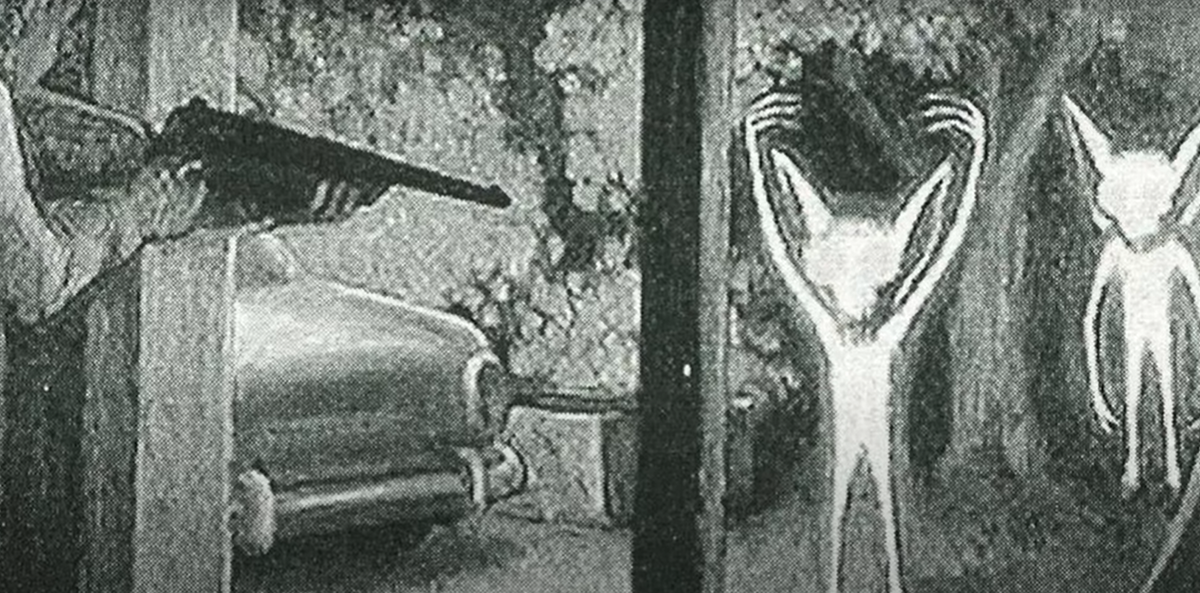 Họ cười phá lên, nhưng không được bao lâu, tiếng chó sủa vang lên, Billy Ray và Lucky Sutton đi đến hiên sau và chạm trán với sinh vật mà họ gọi là yêu tinh Kelly-Hopkinsville. Giữa luồng sáng kỳ lạ, sinh vật cao 0,91m, đầu to, cánh tay dài có móng vuốt dựng đứng. Ảnh: @Think Anomalous.