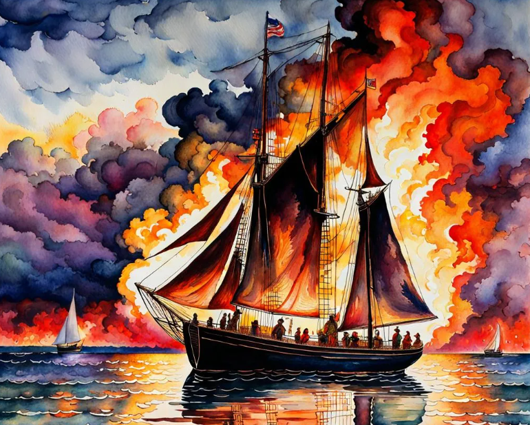 Vị thuyền trưởng Sir John Sherbrooke làm như vậy để đòi lại công lý, cũng như ngăn những trò đê tiện của Young Teazer. Ngay trước khi các tên cướp biển sắp bị bắt lên tàu mới, thì con tàu Young Teazer đã phát nổ. Ảnh: @nightcafe.