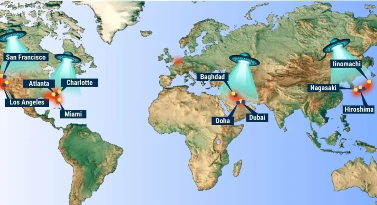 Văn phòng Giải quyết Dị thường Toàn miền (AARO) của Lầu Năm Góc đã tiết lộ một bản đồ nhiệt nêu chi tiết tần suất nhìn thấy UFO từ khắp nơi trên thế giới. Bản đồ chỉ ra rằng, ngoài Mỹ, thì Nhật Bản là một điểm nóng UFO khác của thế giới, tiếp theo là Trung Đông. Ảnh: @AARO.