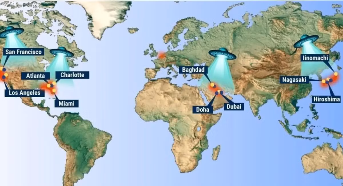 Văn phòng Giải quyết Dị thường Toàn miền (AARO) của Lầu Năm Góc đã tiết lộ một bản đồ nhiệt nêu chi tiết tần suất nhìn thấy UFO từ khắp nơi trên thế giới. Bản đồ chỉ ra rằng, ngoài Mỹ, thì Nhật Bản là một điểm nóng UFO khác của thế giới, tiếp theo là Trung Đông. Ảnh: @AARO.