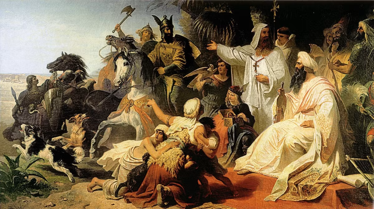 Thời kỳ vàng của Baghdad là hai triều đại của các giáo chủ thứ tư nhà Abbas, con trai Mansur- Harun al-Rashid (786–809) và con trai ông, giáo chủ thứ năm alMaʾmun (813–833). Đây cũng là hai vị vua có mặt nhiều nhất trong tác phẩm nổi tiếng “Nghìn lẻ một đêm” (đã xuất bản ở Việt Nam dưới dạng truyện nhiều tập). Ảnh: Giáo chủ Harun al-Rashid đón tiếp phái đoàn của hoàng đế Roma Charles I, tranh Julius Köckert (1864).